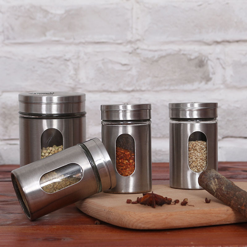 Factory direct kitchen glass spice jar Stainless steel seasoning bottle