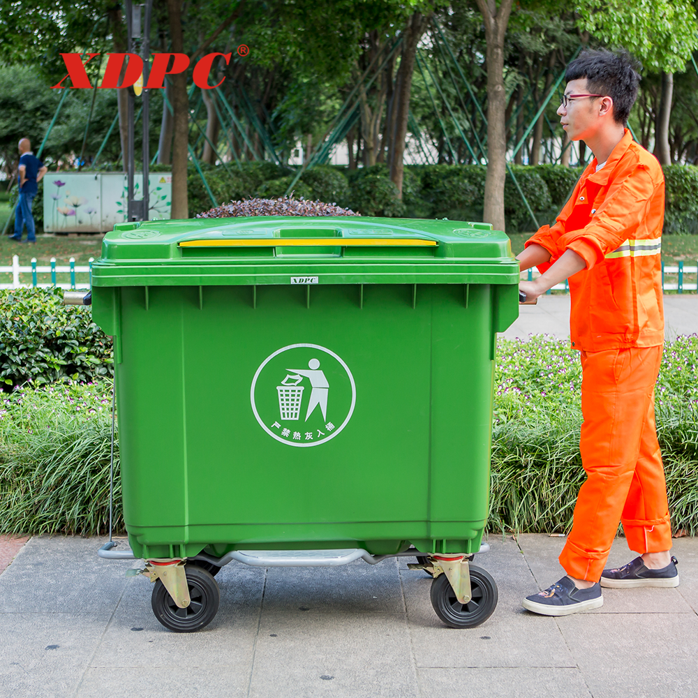 Wholesale en840 4-wheeled 660l plastic industrial 4 wheels mobile garbage waste trolley bin trash can