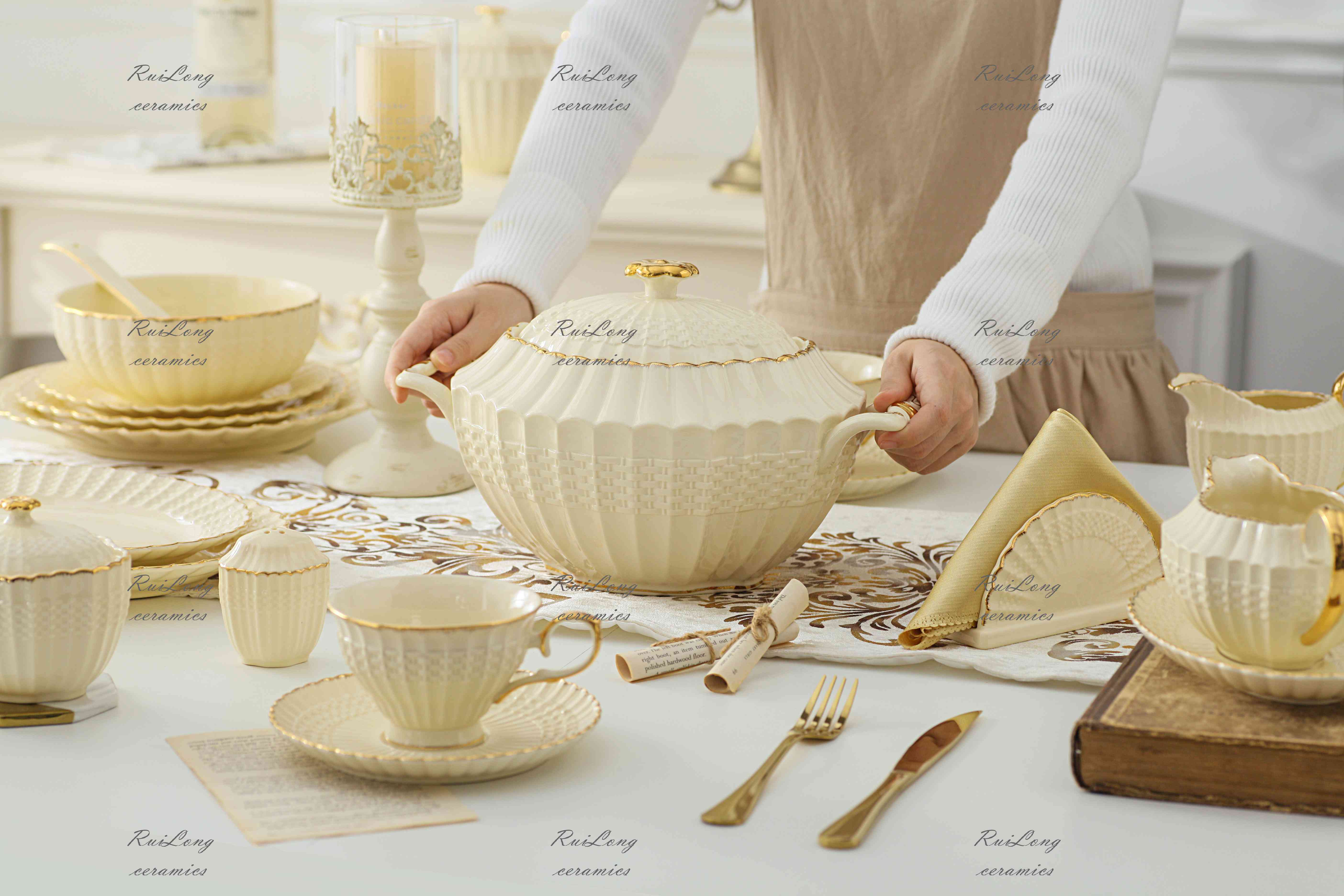 Factory direct sell Special good quality double ears food ceramic soup tureen