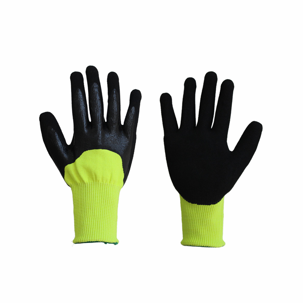Hi-Viz cut resistant glove,coated with 3/4 nitrile with double sandy nitrile coating on palm
