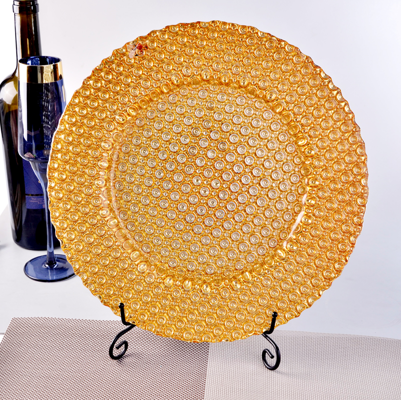 Gold and silver rose gold glass dinner plate, glass cake charger plate