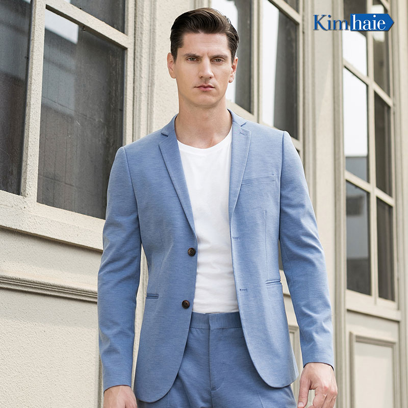 Mens blue melange single Breasted 2 button notch lapel side vent knit skinny suit