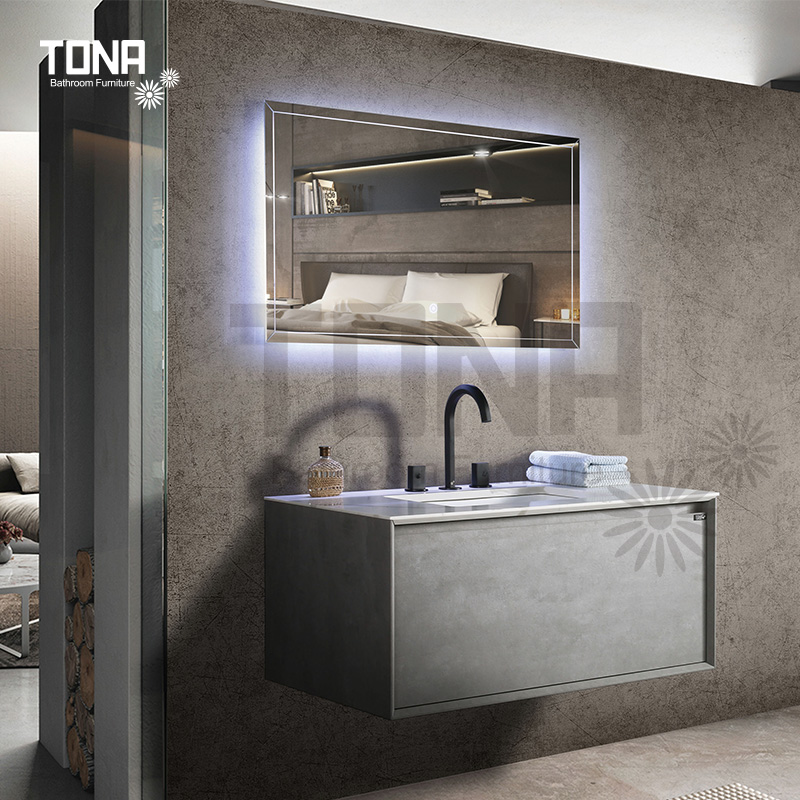 TONA Freda series Modern Bathroom Vanity Set with MFC grey bathroom cabinet with combined vanity sink with silver LED mirror
