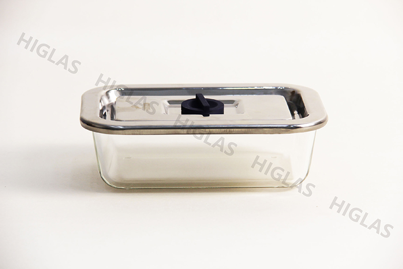 0.8l Rect. Borosilicate Glass Food Container With Stainliess Steel Lid With Vent