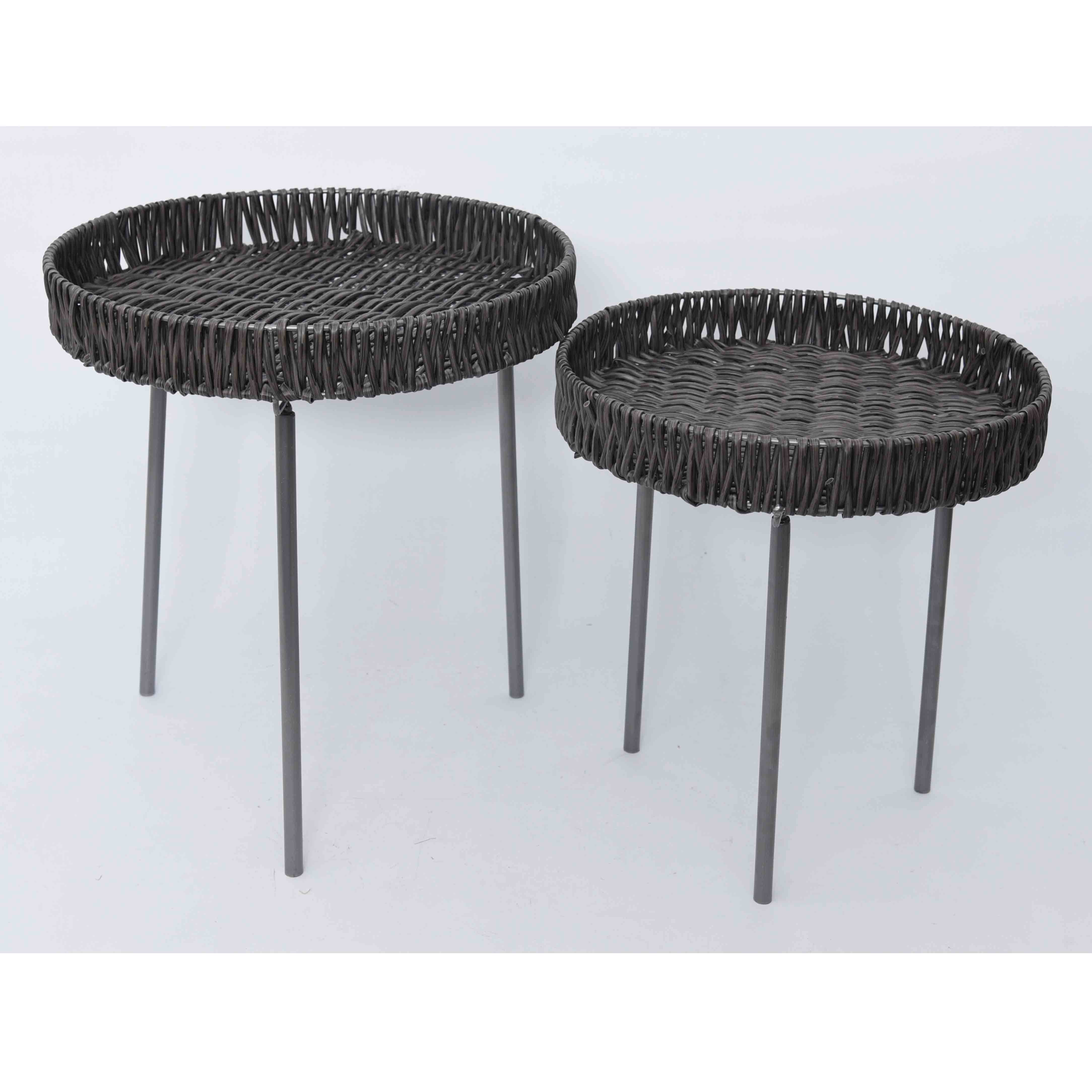 2 Pack Round End Table Imitation rattan top Coffee table Bed Side Table with Wrought Iron Support for Living Room
