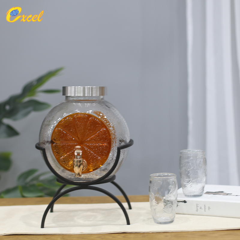 orange glass dispenser with metal stand and jar
