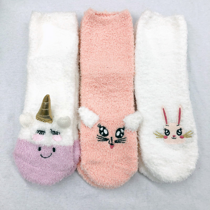Girls chenille home socks with embroidery and 3D ears