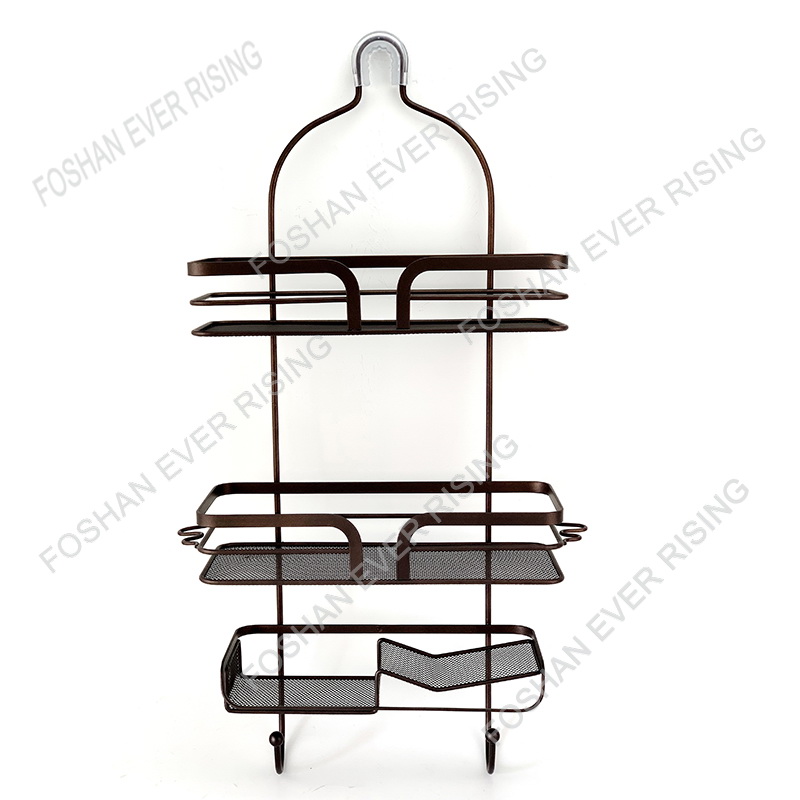 Metal Wire Bathroom Tub and Shower Caddy, Hanging Storage Organizer Center with Built-in Hooks and Baskets on 3 Levels