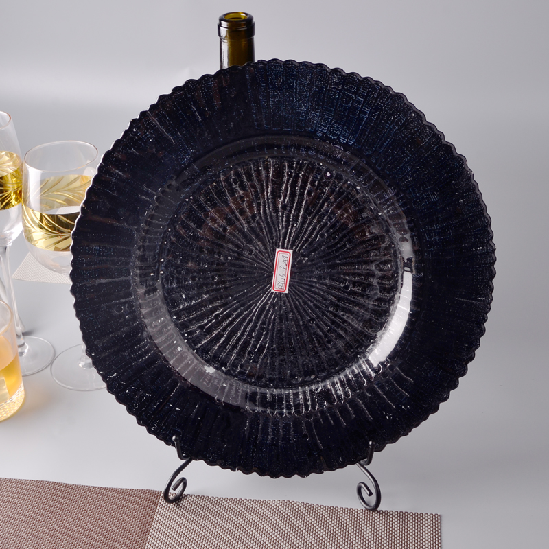 Black new decorative pattern glass charger plate hot sell, kitchen glass charger plate