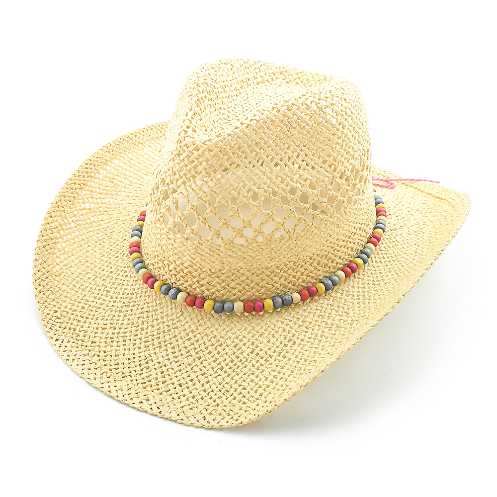 2020 New mens and ladies hand woven straw cowboy hat with beads strap