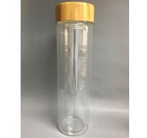 Double wall glass water bottle with stainless steel lid/ bamboo lid