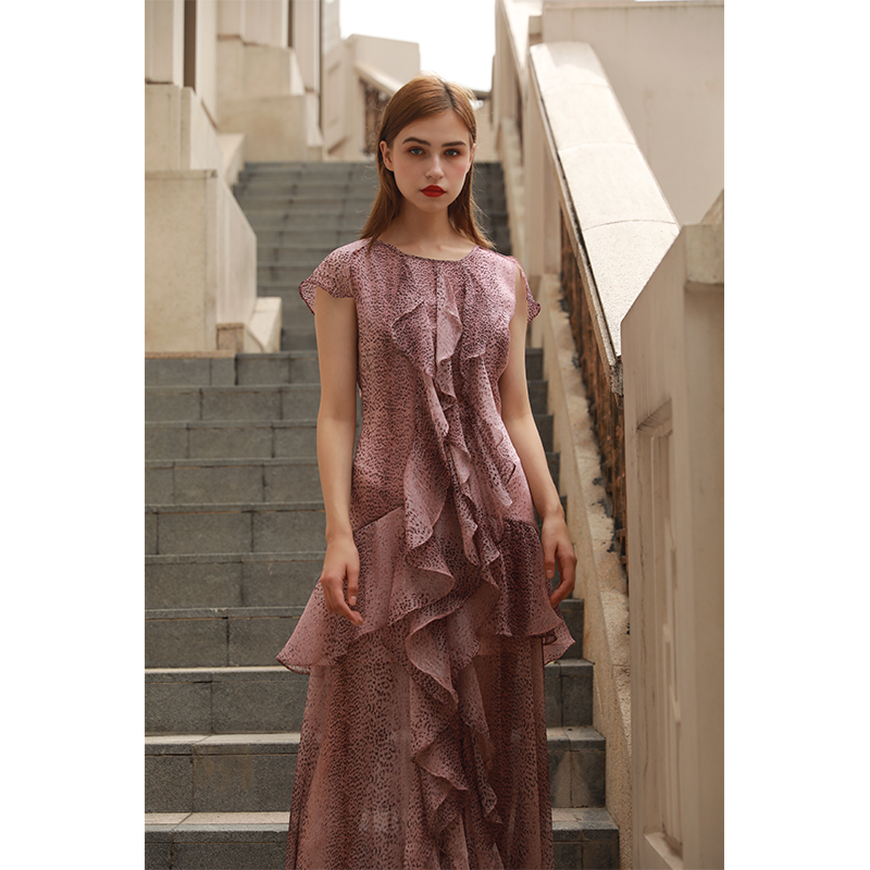 Leopard dot printed Ruffle Chiffon Dress