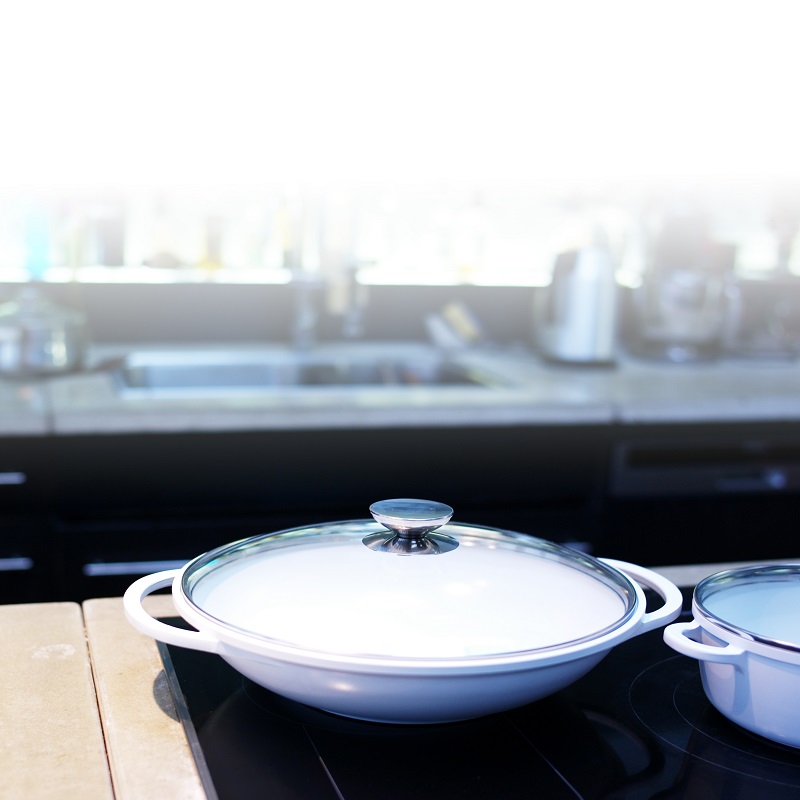 Serving pan with glass lid and thermo grips