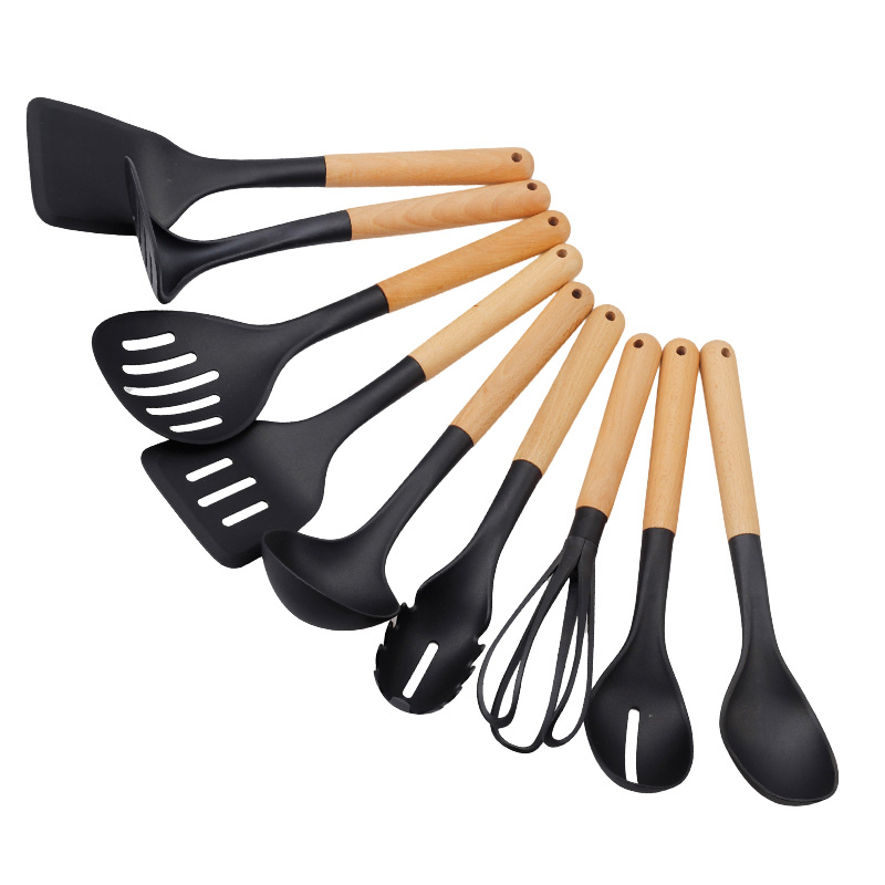 9PCS Nylon Cooking Utensils Set Natural Beech Wooden Handle