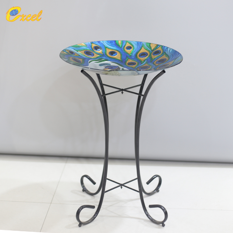 glass bird bath with metal stand