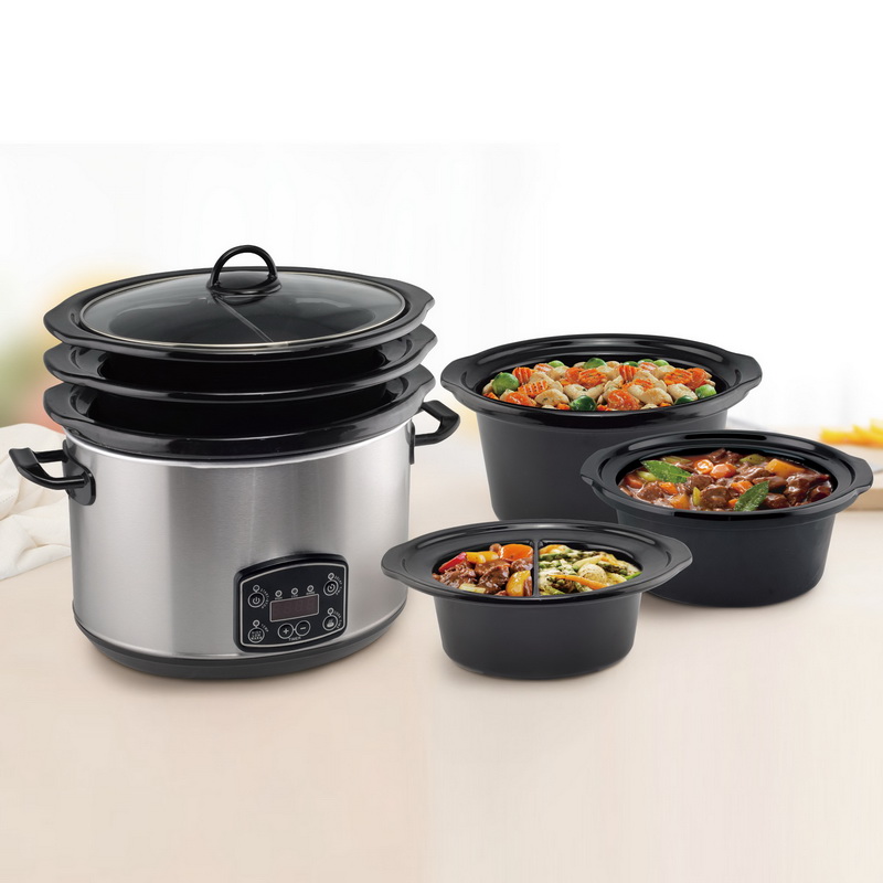 Mechanical control Stainless steel Oval Slow Cooker CROCK POT with 3 Ceramic Pot 5.6L