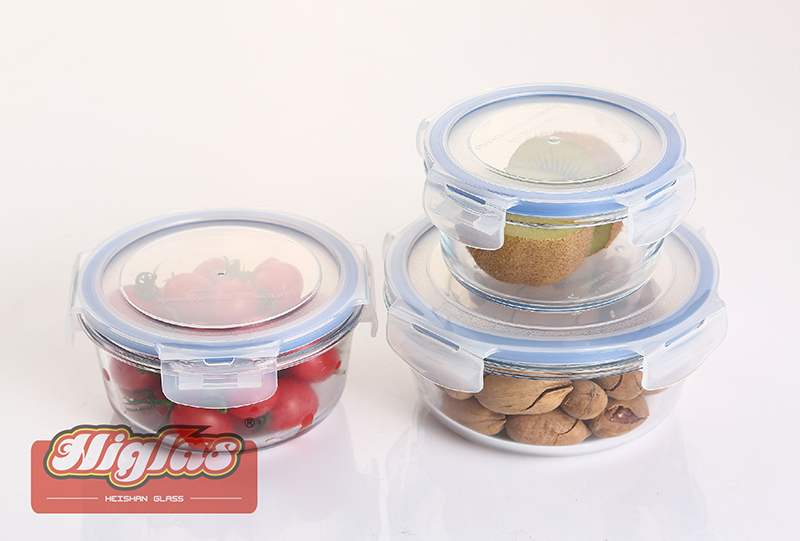 1.0L/0.8L/0.58L/0.42L Round borosilicate glass food container with pp lid