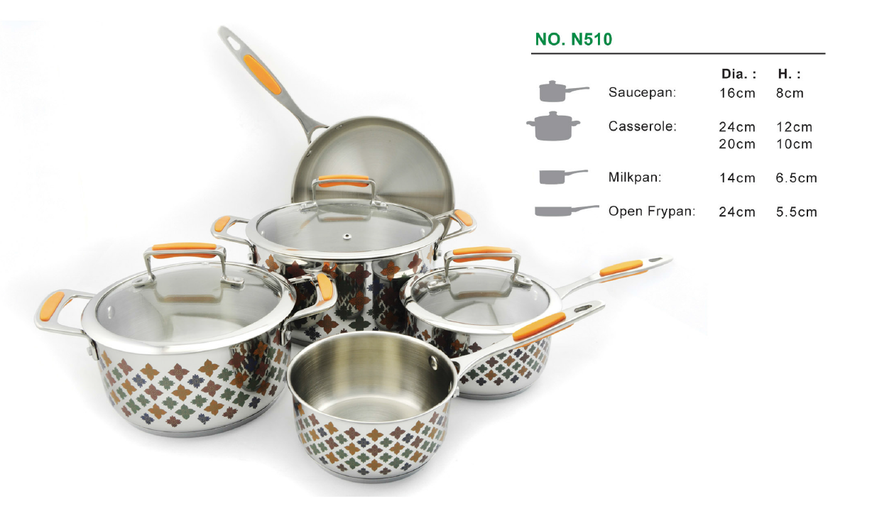 8pcs stainless steel cookware set with decoration firing