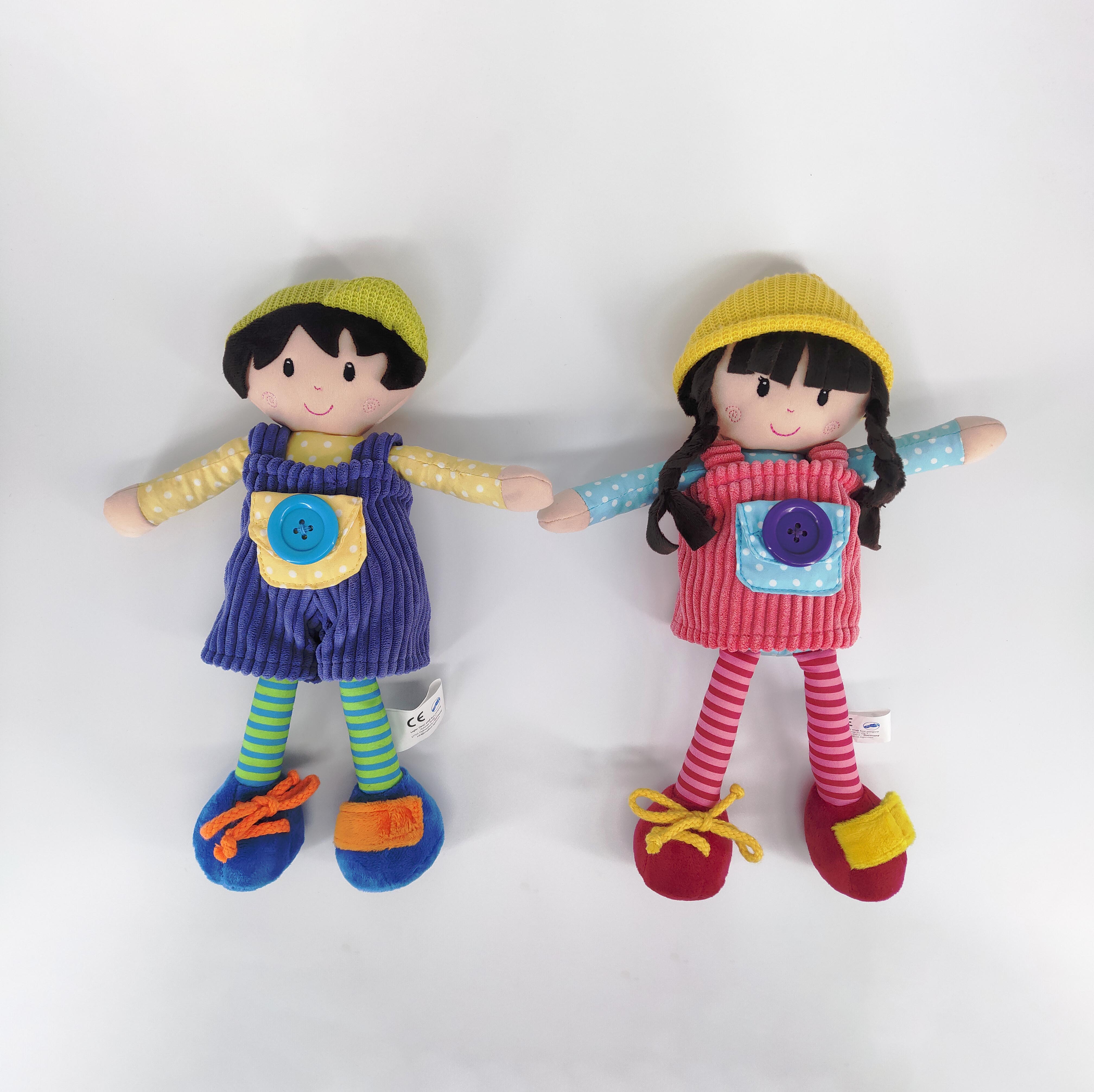 baby plush doll with rattle,squeaker, can teach baby buttoning, tying