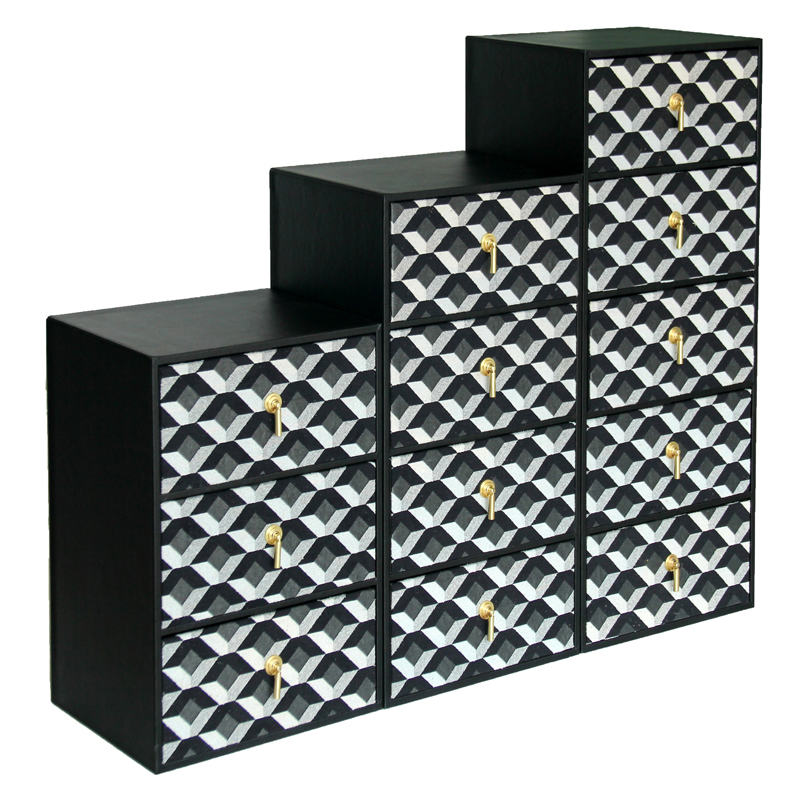 Leather and fabric covered chest with 3 drawers, 4 drawers, 5 drawers