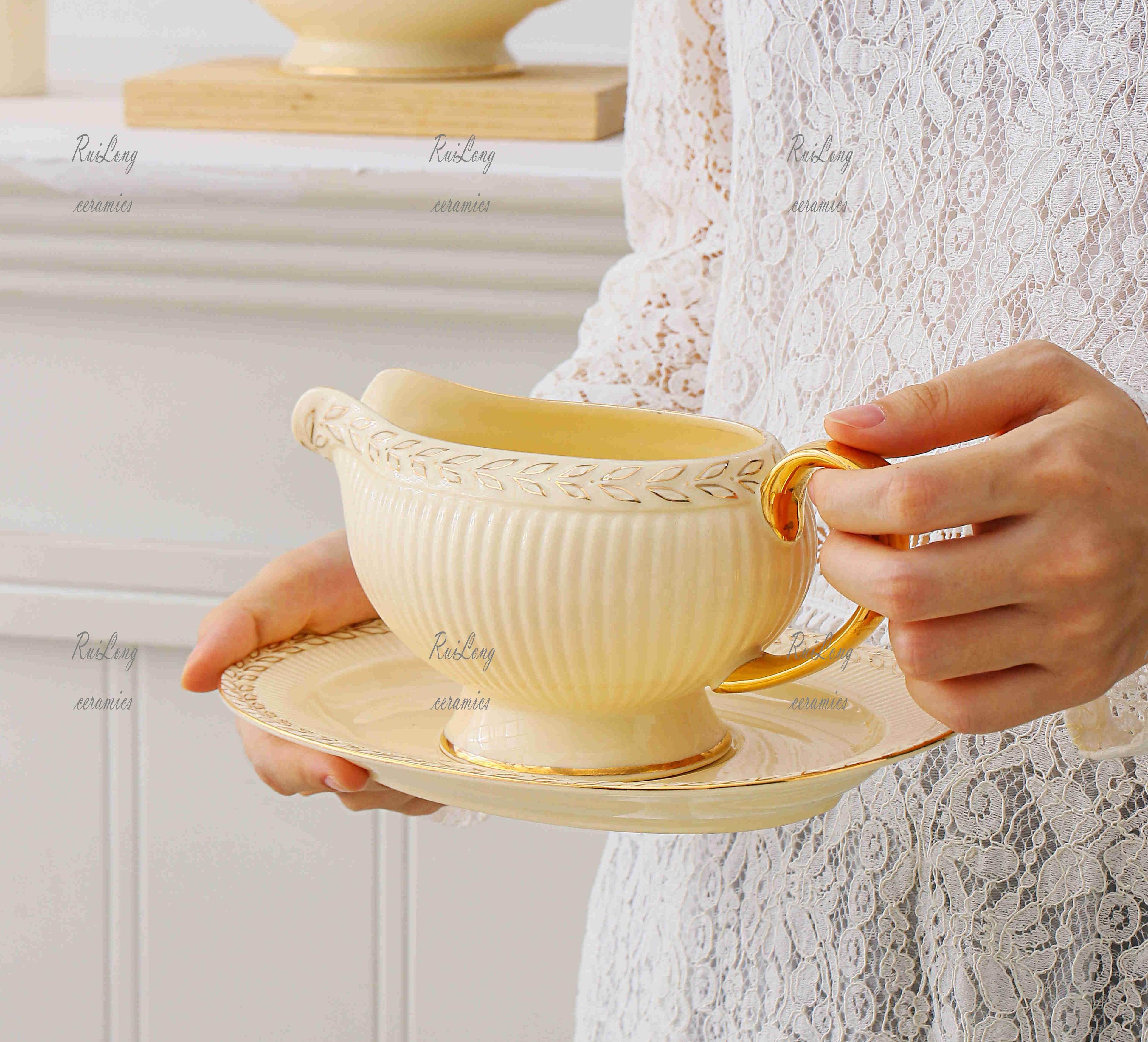 Quality control china factory golden leaf ceramic sauce gravy boat wholesale