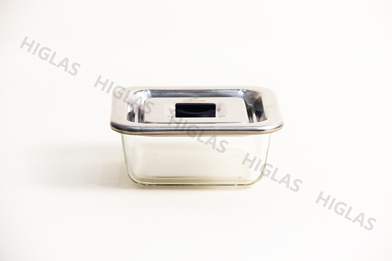 0.55l Square Borosilicate Glass Food Container With Stainliess Steel Lid With Vent