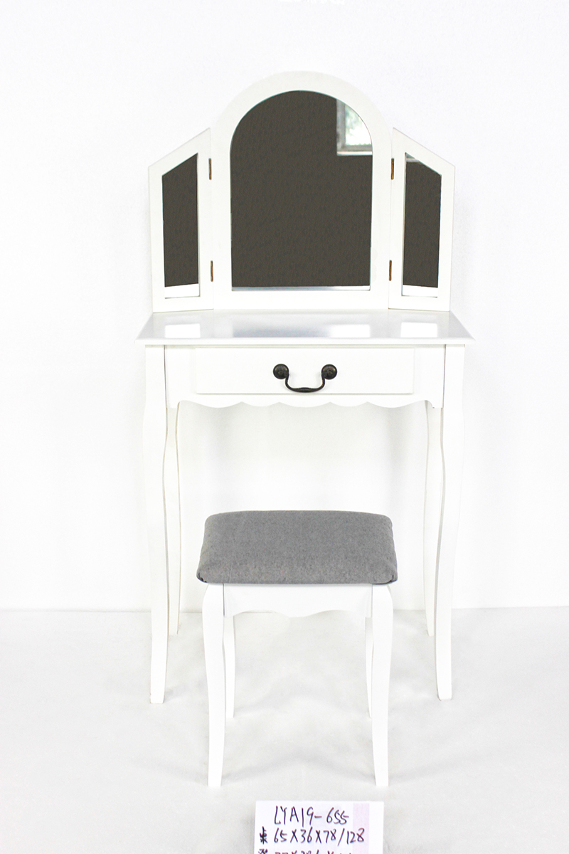 Modern white wooden dressing table with mirror and stool for bedroom