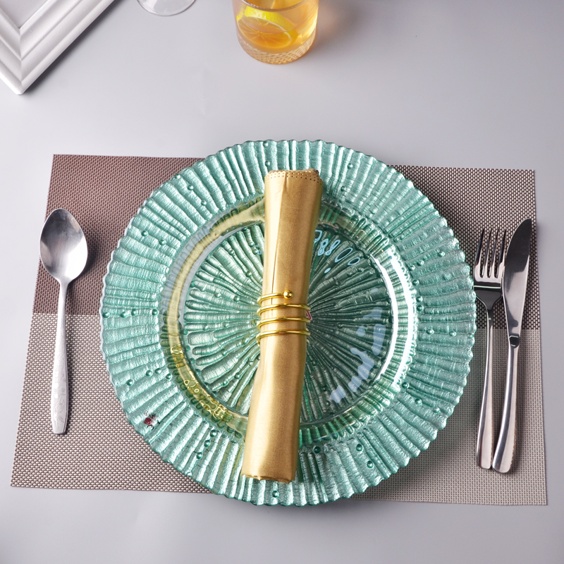 Green new patterned glass plate, kitchen utensils, fruit cake food glass charger plate for home