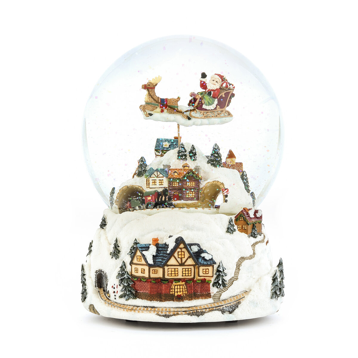 120MM Flying Santa sleight and train musical snow globe with rotation