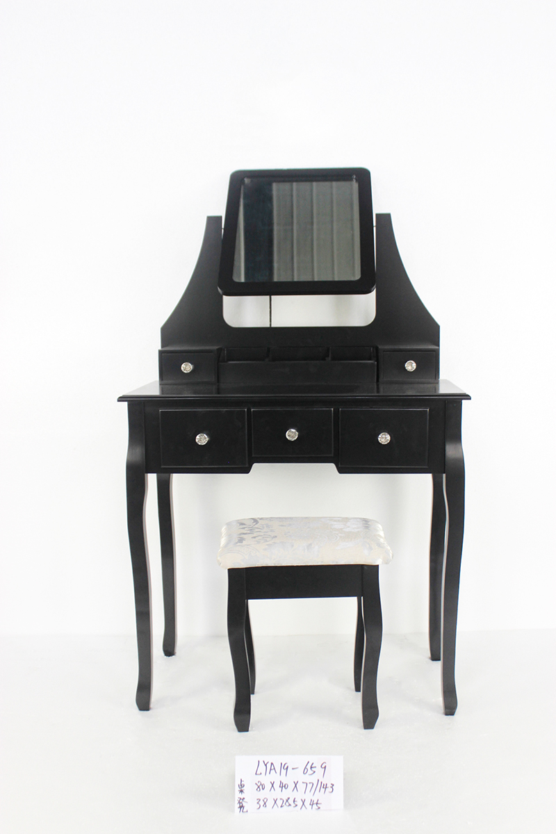 Modern black wooden dressing table with mirror and stool for bedroom