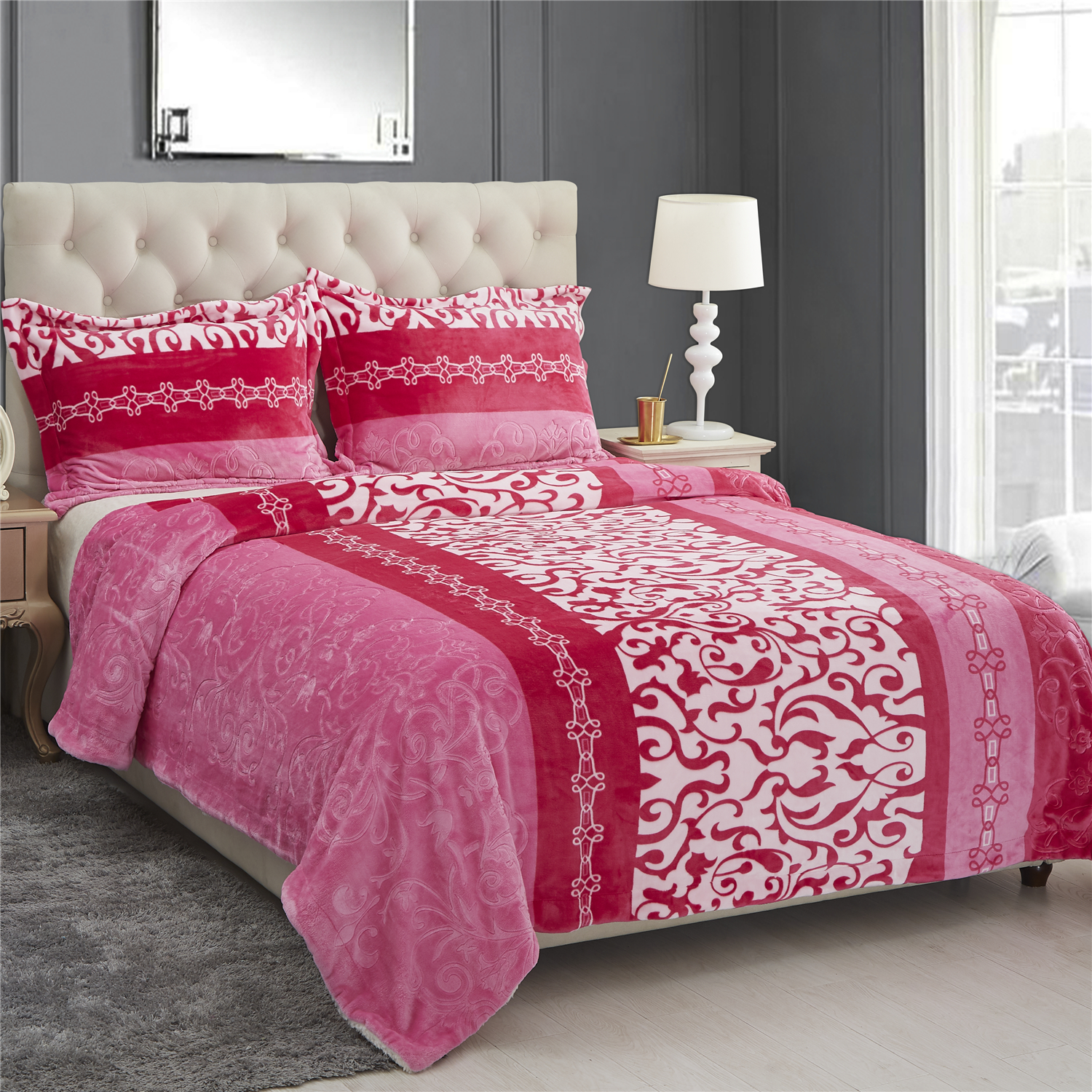 Double layer print and embossed flannel blanket with sherpa