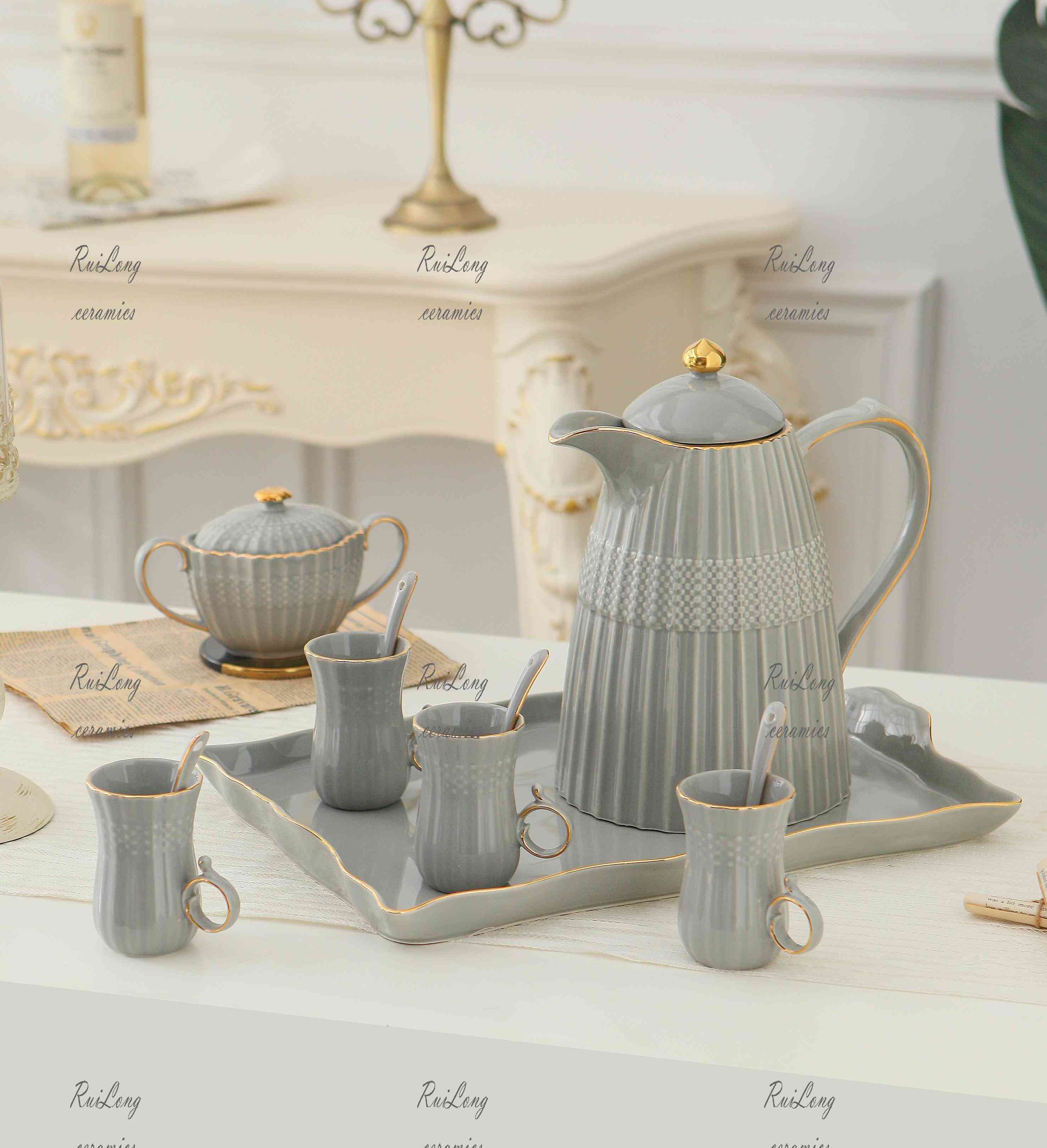 Most Popular Ceramic Living Room Cup Home Water Set Grey Ceramic Water Jug Set