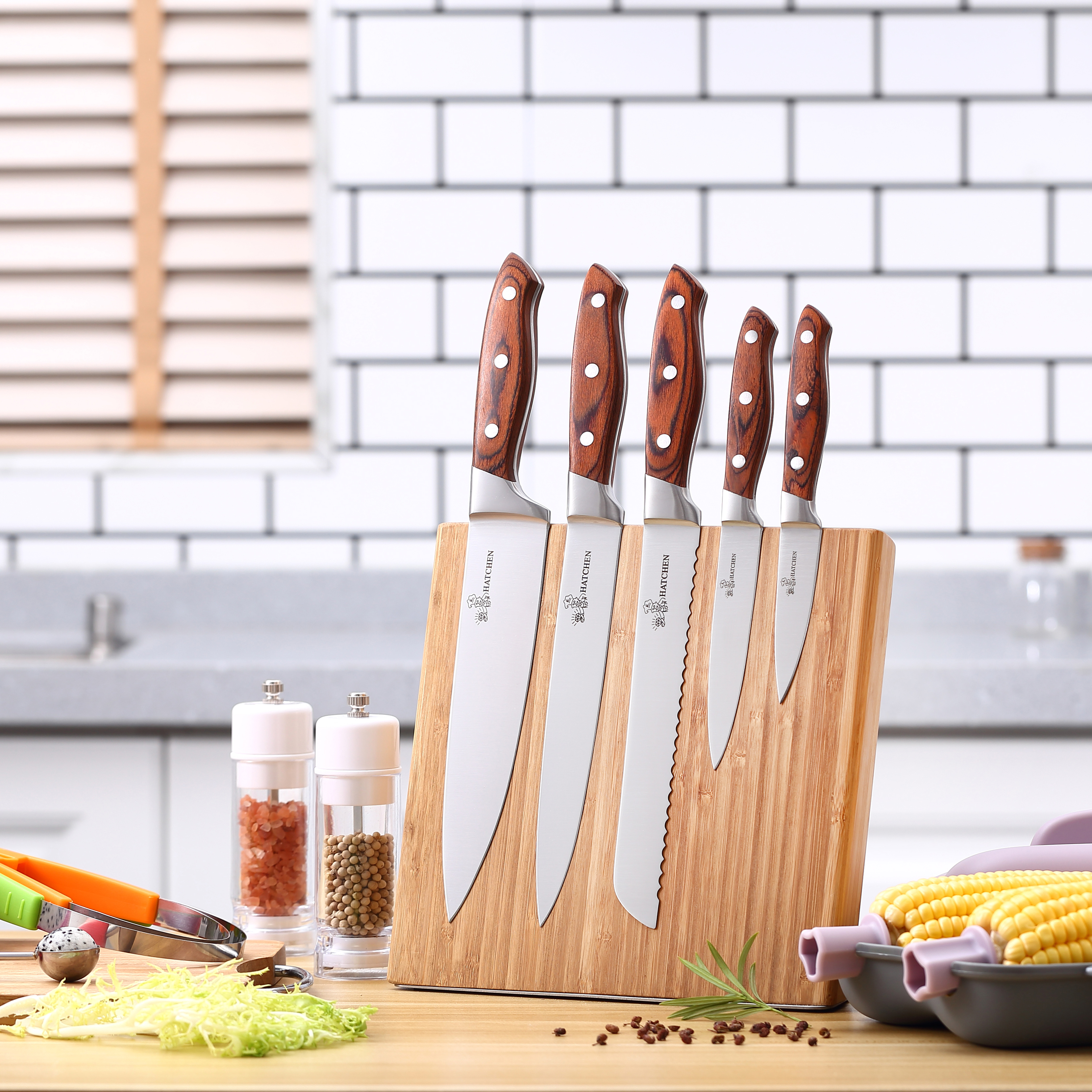 AH44 6pcs pakka wood handle kitchen knife set