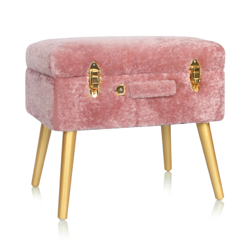 Pink furry storage trunk stool with wooden legs in KD