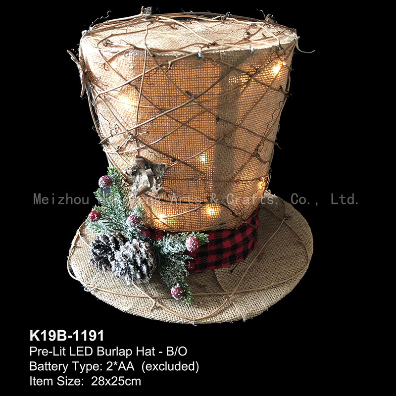 LED Light Up Burlap hat / Snowman hat/Christmas Holiday Decoration/for window display or tree top
