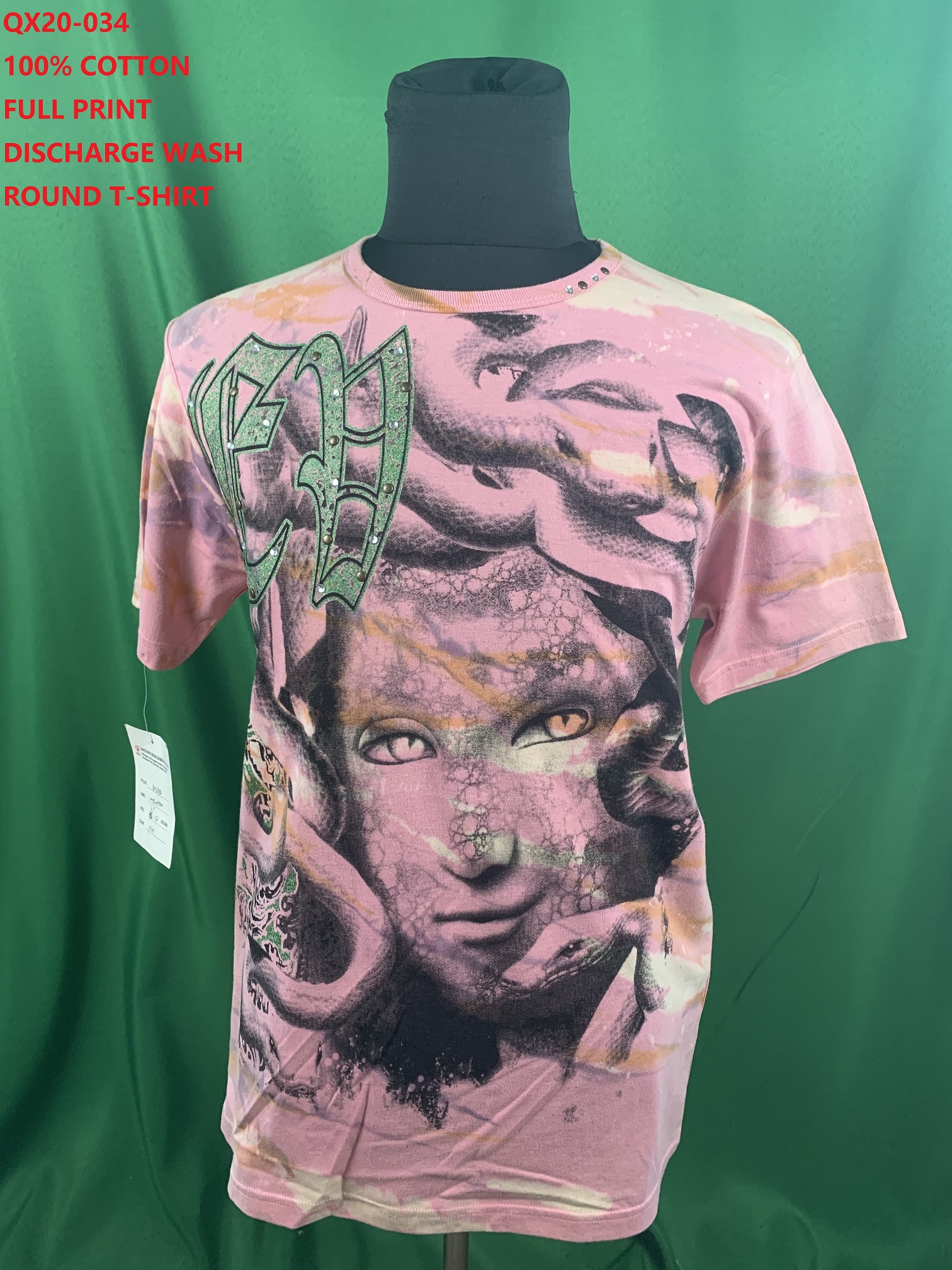 Qx20-034 100% Cotton Full Print Discharge Wash Round T-Shirt