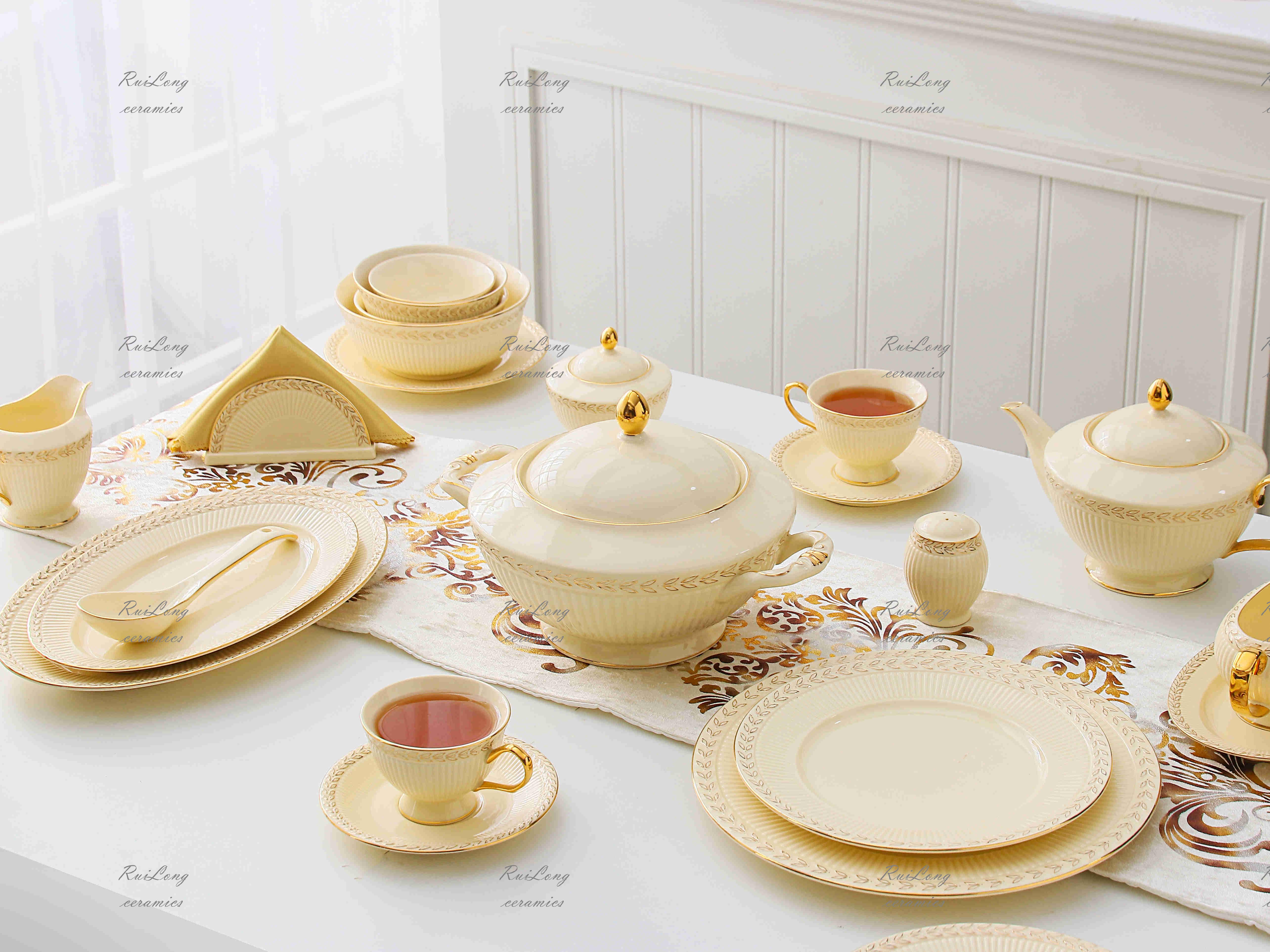 Factory Sell Gold Rim Restaurant Porcelain Rustic Dinnerware Golden Leaf Tableware