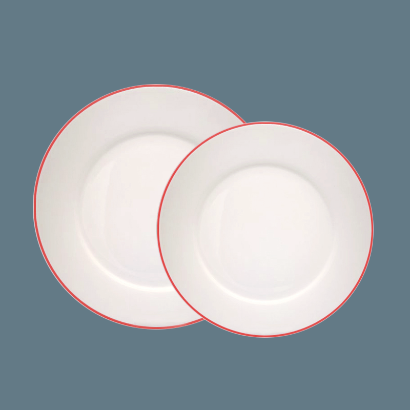 Super white porcelain dinnerware, under glaze hand painted red band.