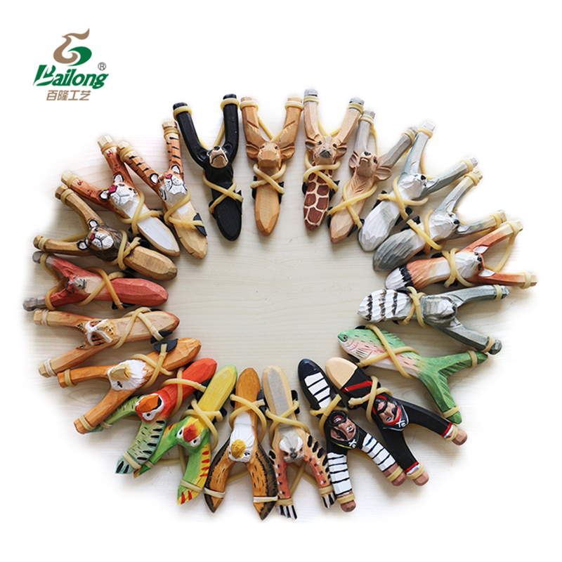 Hand-carved wooden painted animal slingshots