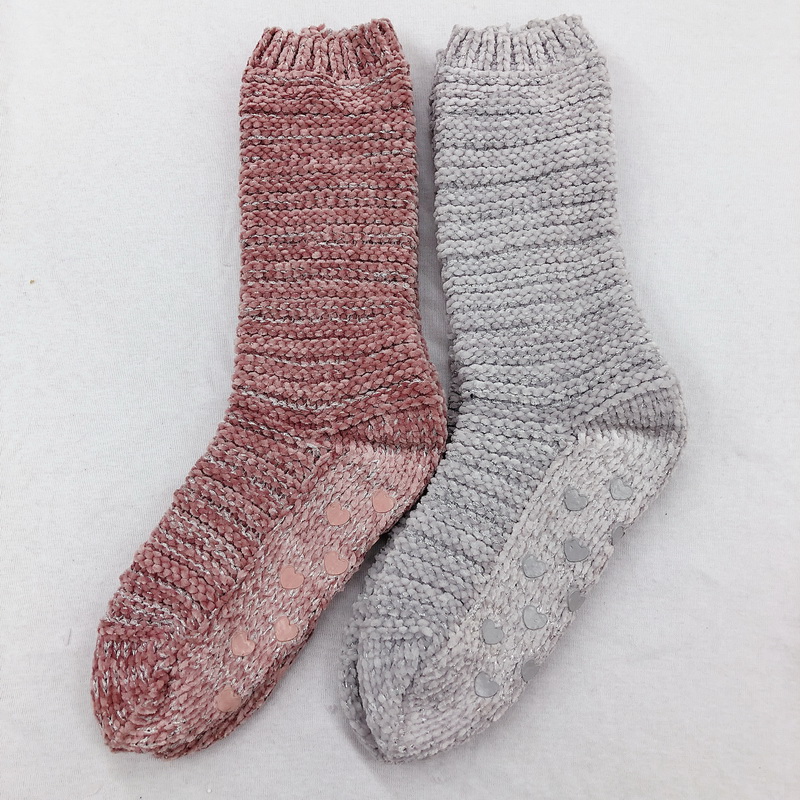 Womens chenille twisted lurex yarn home socks with anti-slip