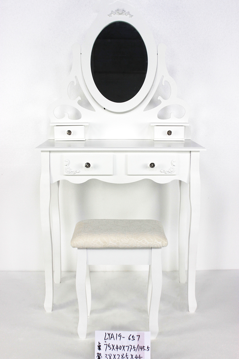 Modern white wooden dressing table with mirror and stool for bedroom