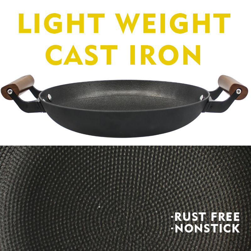 Cast Iron Low Fry Pan Light Weight Wood handle Honeycomb 24cm 28cm 30cm 32cm