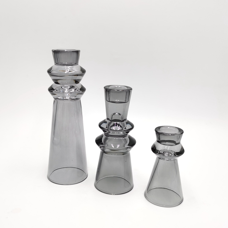Grey color glass candlestick taper candle holder set of three