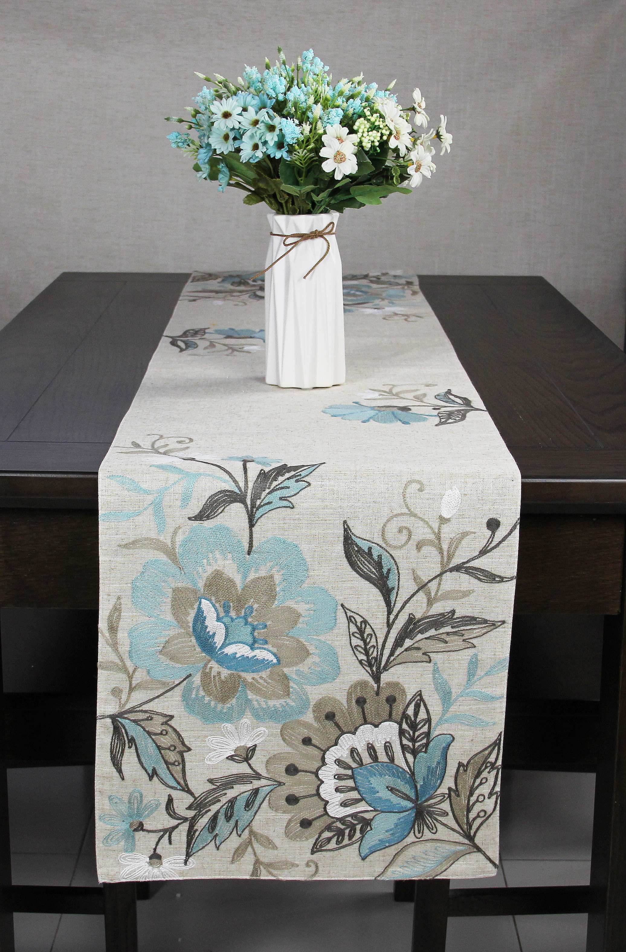 Blue Floral Embroidered Table Runner