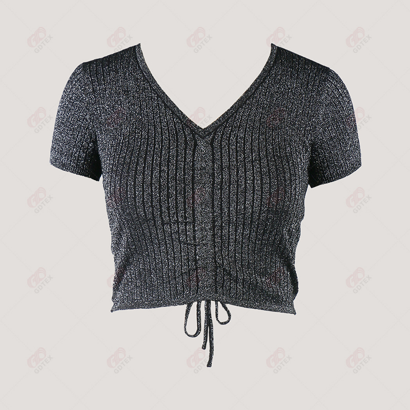 V Neck Ribs Metallic Thread Drawstring Short Sleeve Sweater