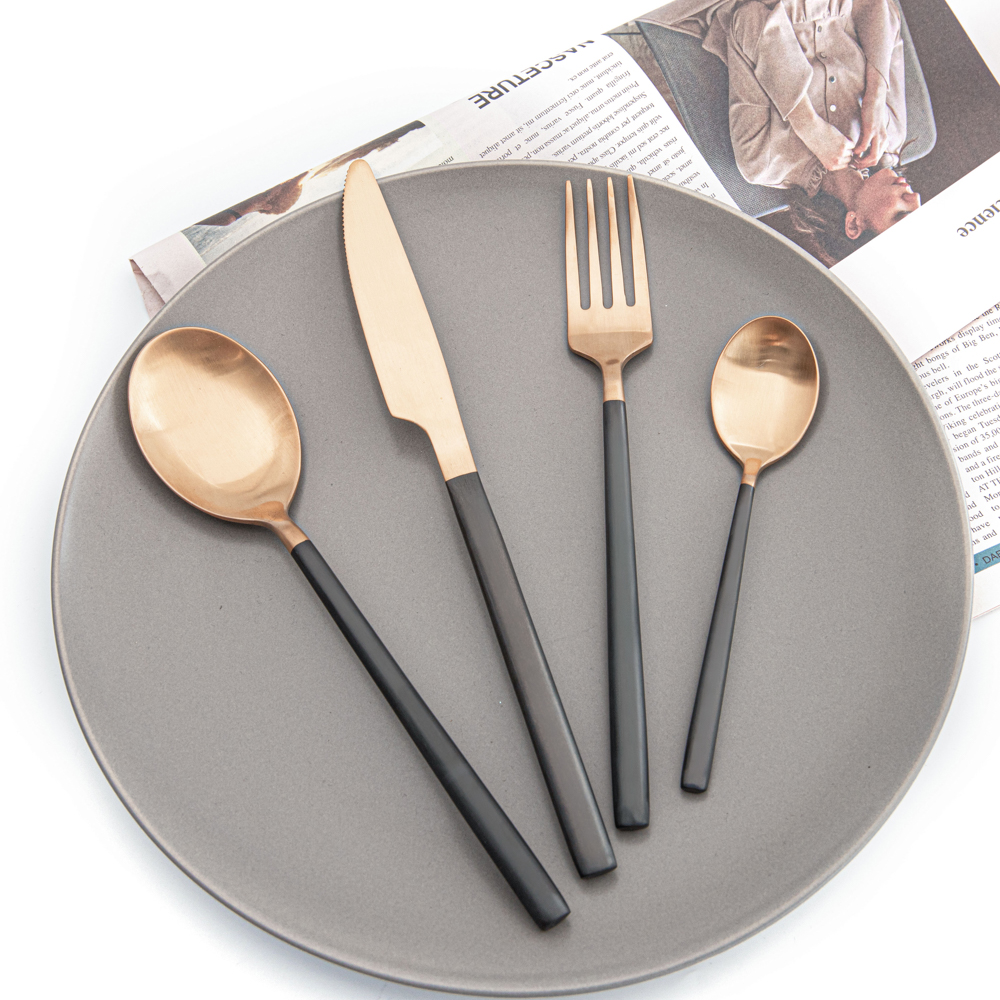 PVD gold and black stainless steel flatware cutlery knife spoon fork for wedding event hotel
