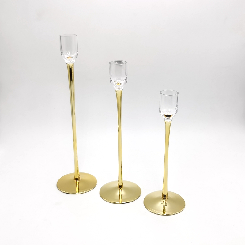 Electro plating gold color glass candle holder for taper candlestick