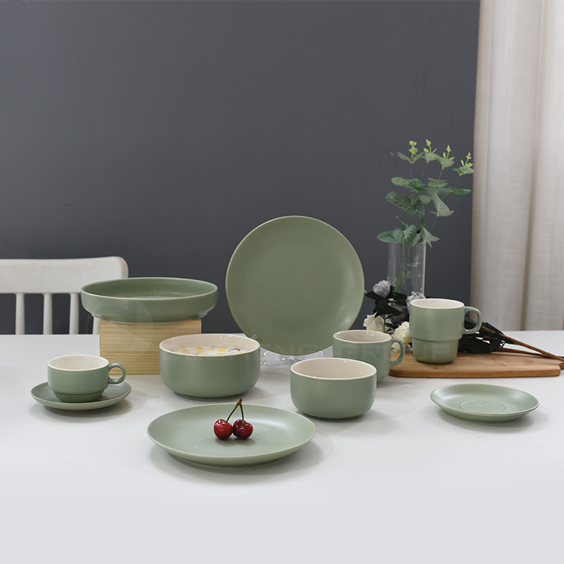 DEHUA ceramic traditional dinner plate snack bowl capuccino coffee mug matt green color