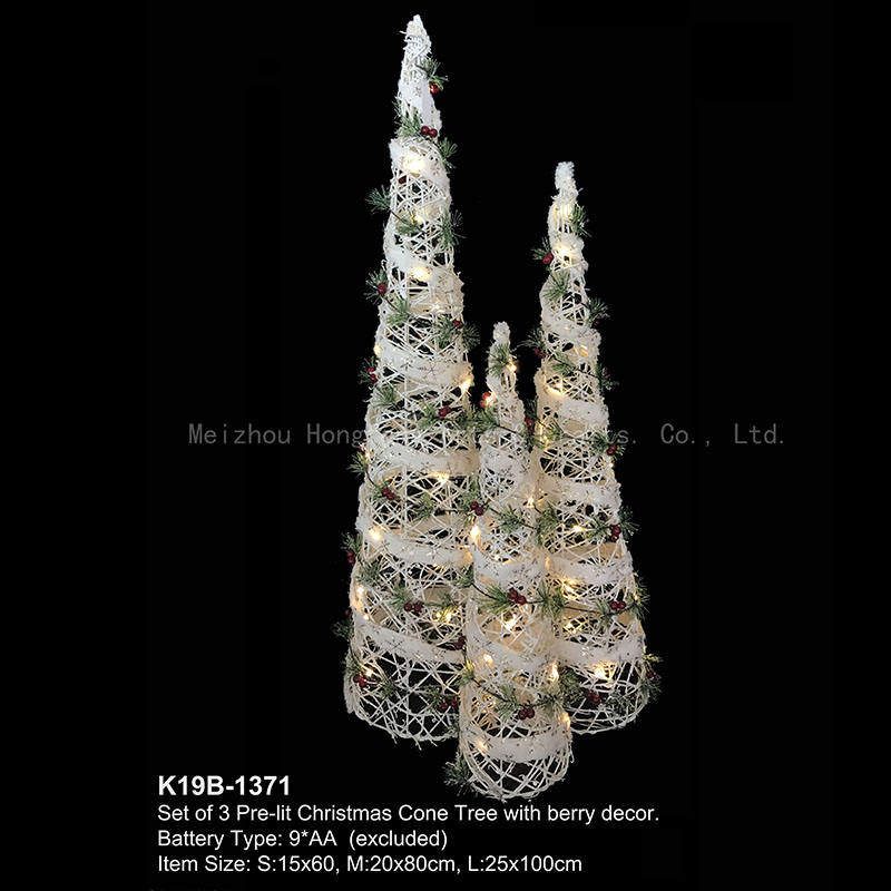 23”/31”/39” Large Set of 3 White Plastic Rattan Tree Cones With 55 Copper Wire LED lights – Battery Operated, Holiday Decoration for Patio, Lawn & Garden.