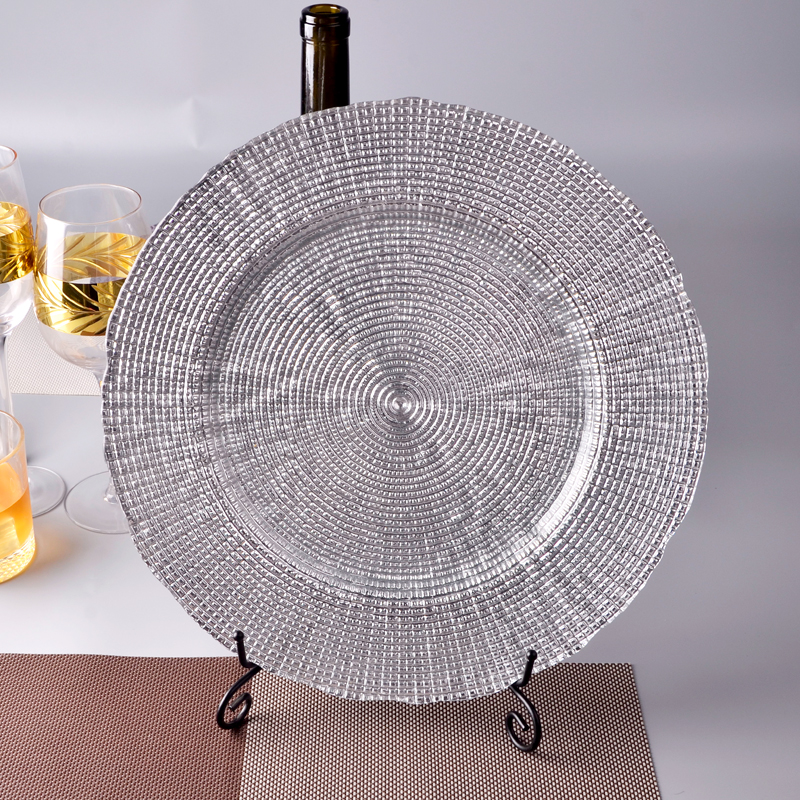 Silver irregula rim, family restaurant hotel buffet/cold food glass charger plate